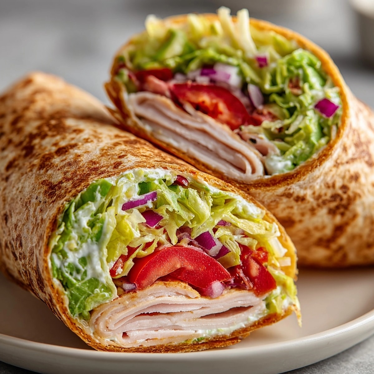 Turkey & Avocado Wrap sliced in half, showing creamy avocado, juicy turkey, and crisp veggies inside