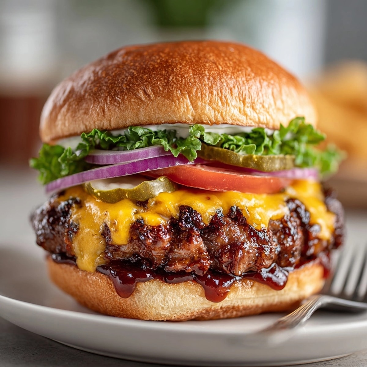Juicy BBQ cheeseburgers fresh off the grill, dripping with sauce and served with classic toppings.