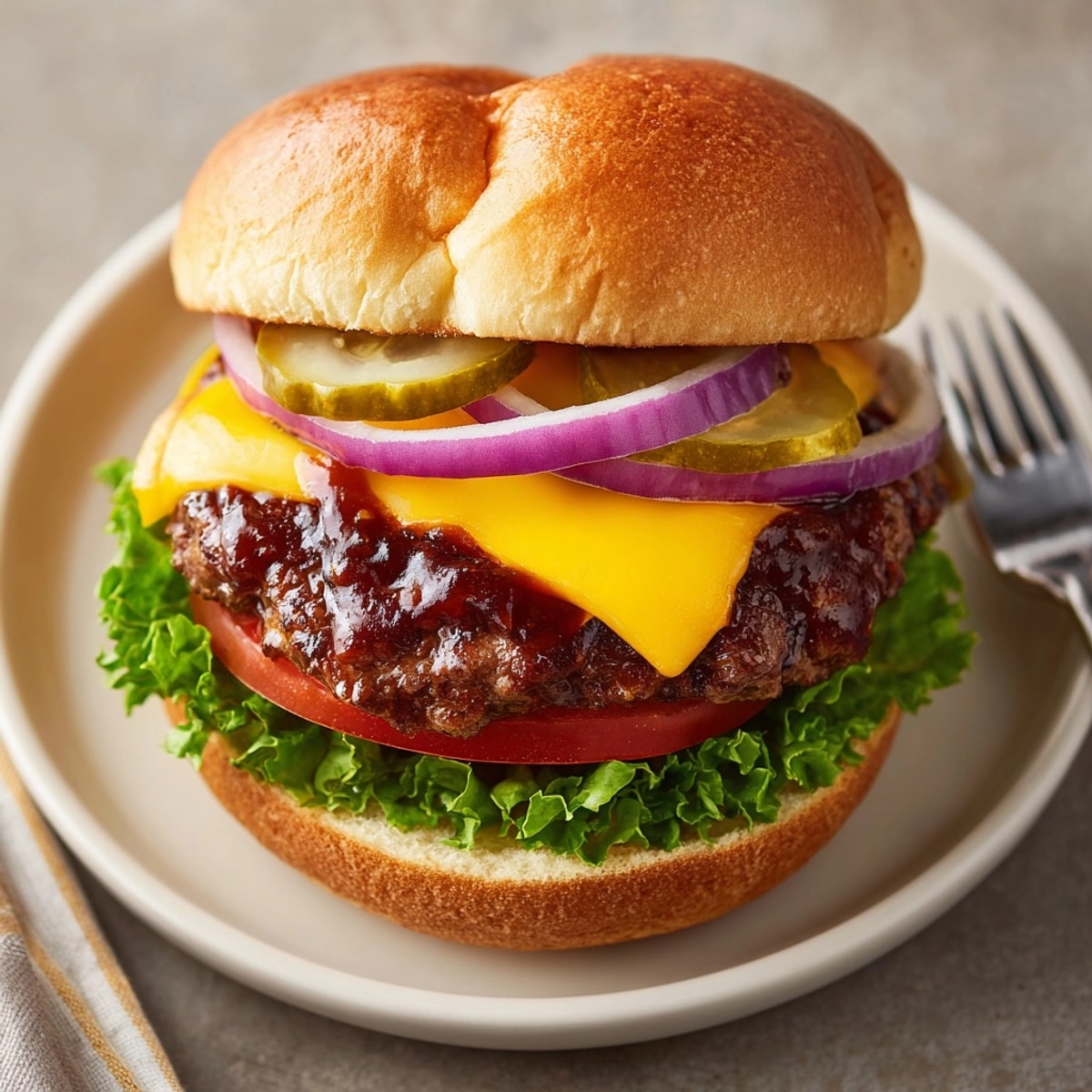 Close-up of BBQ cheeseburgers with cheddar, tomato, and onions, perfect for summer backyard cookouts.
