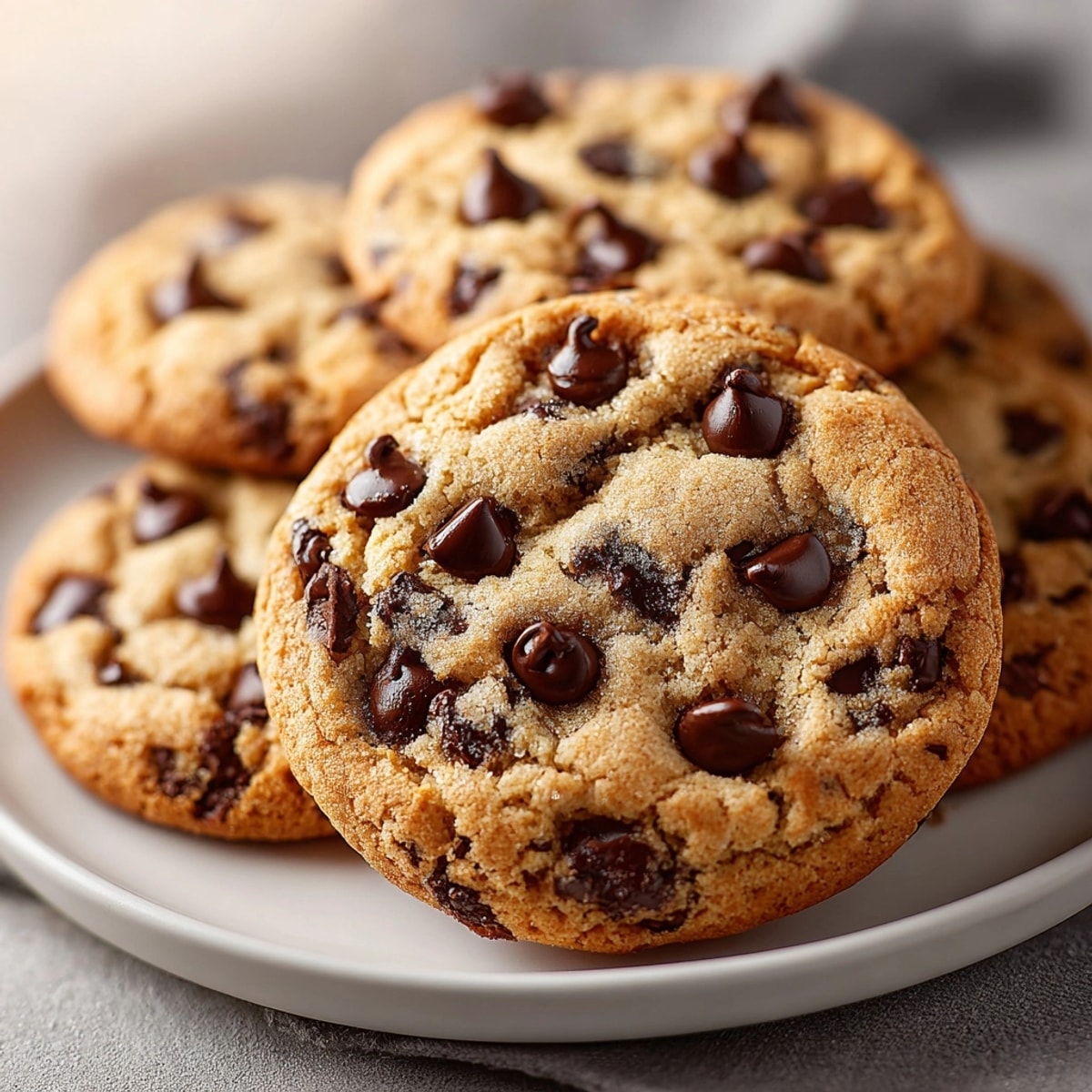 Fresh-baked chocolate chip cookies cooling on a wire rack, golden edges and gooey centers visible.
