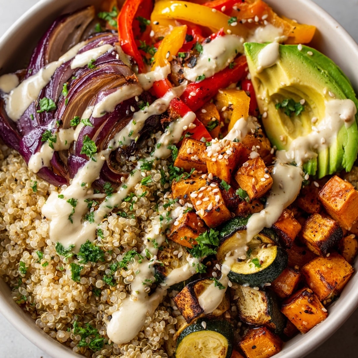 Quinoa Bowl with Roasted Vegetables and Lemon-Tahini Dressing topped with creamy avocado slices in a rustic bowl