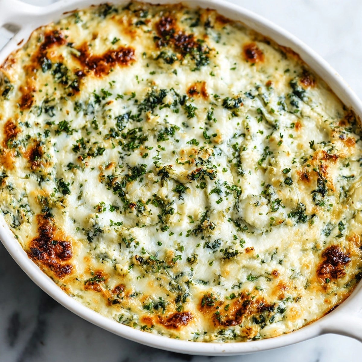 Golden, cheesy spinach and artichoke dip fresh from the oven, ready for dipping bread.