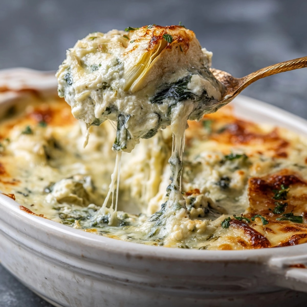 Creamy spinach and artichoke dip garnished with parsley, perfect for appetizer spreads at parties.