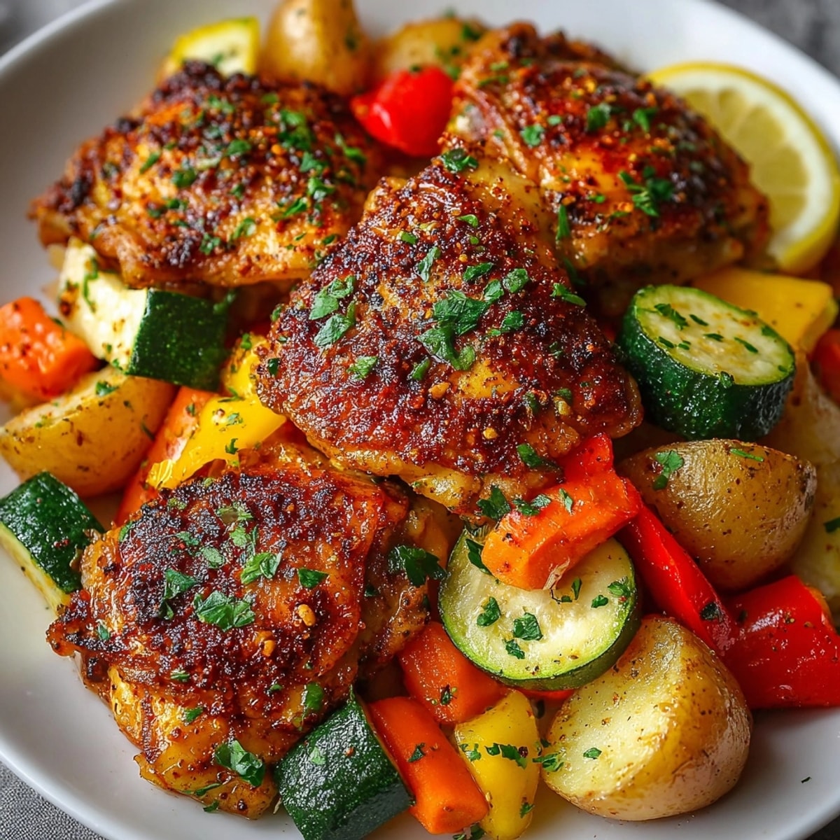 One-pan baked lemon garlic chicken with vegetables on a sheet pan, golden and garnished with fresh parsley.