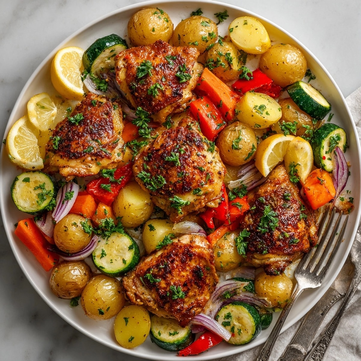 Tender one-pan baked lemon garlic chicken with seasonal vegetables, ready to serve straight from the oven.