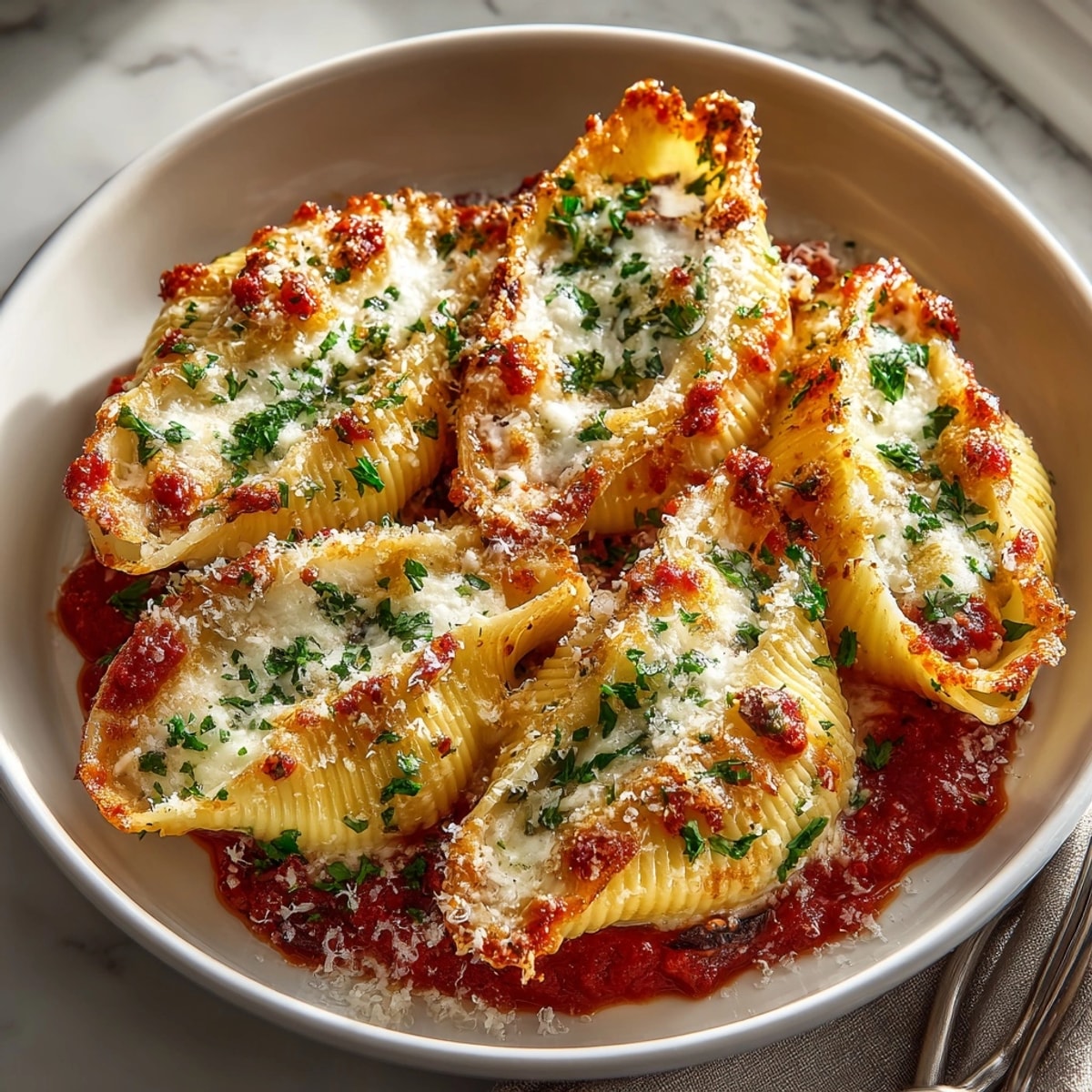 Melty Mushroom Stuffed Giant Shells topped with golden, bubbling cheese in a rustic baking dish.