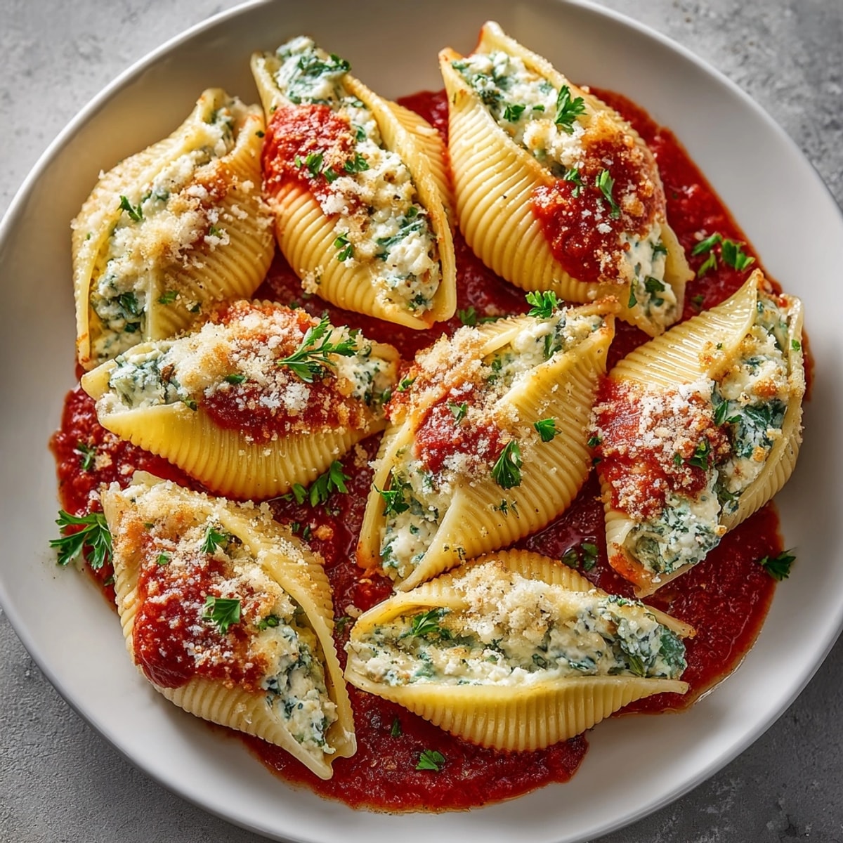 Melty Mushroom Stuffed Giant Shells presented with rich tomato sauce and a sprinkle of fresh parsley.