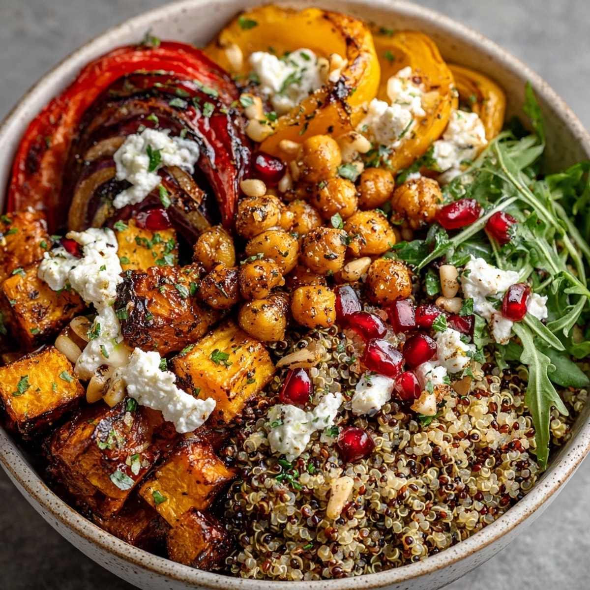 Winter Mediterranean Quinoa Bowl topped with roasted vegetables, crispy chickpeas, and vibrant pomegranate seeds
