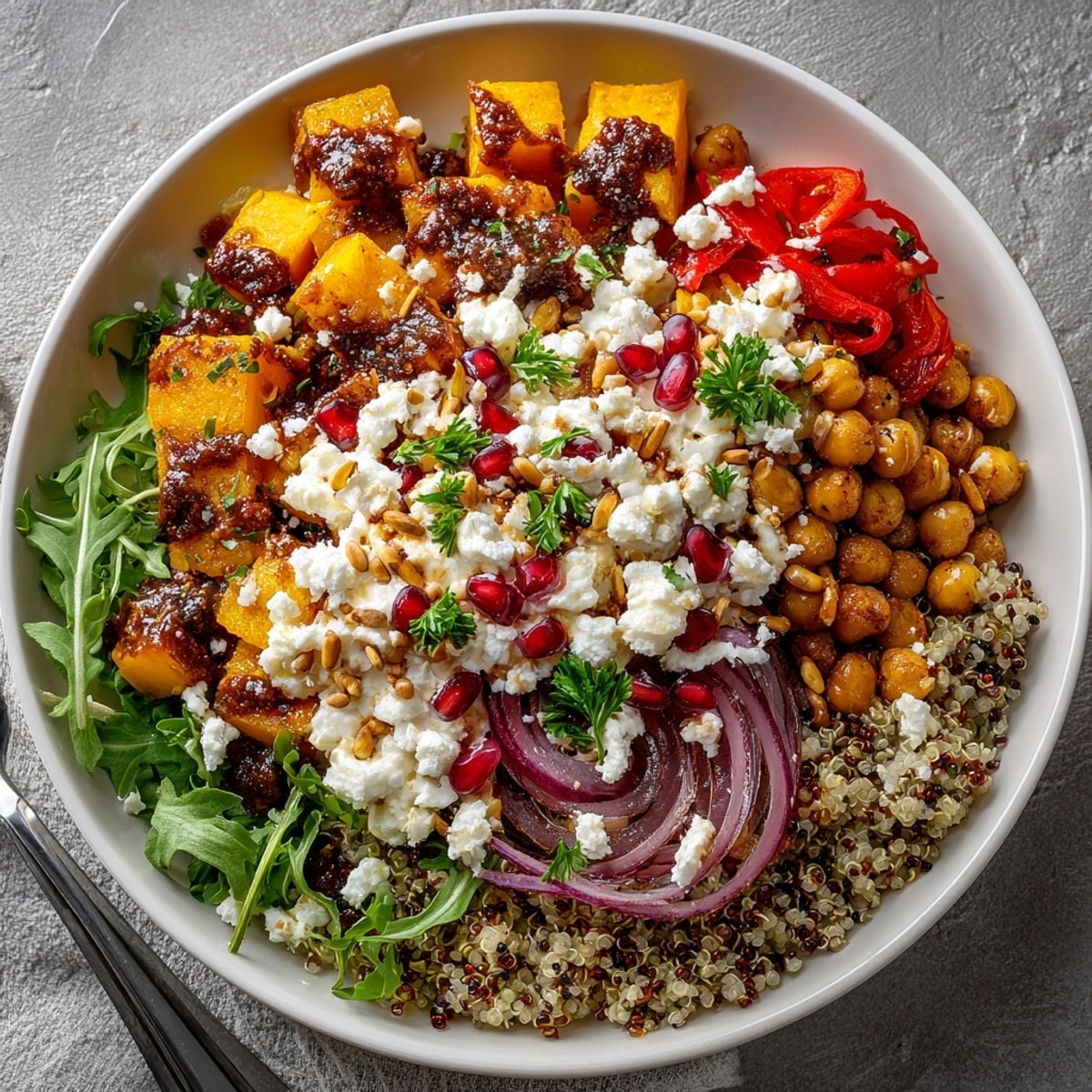 Hearty Winter Mediterranean Quinoa Bowl featuring warm quinoa, feta cheese, and fresh parsley for a cozy lunch
