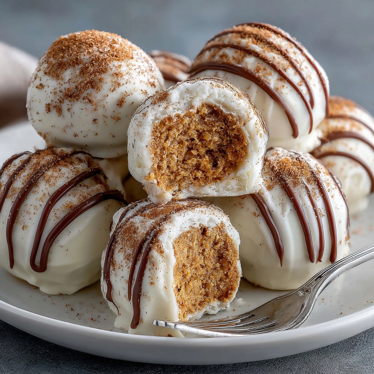 Close-up of Pumpkin Spice Latte Truffle Bites on a plate, showcasing festive fall dessert details.