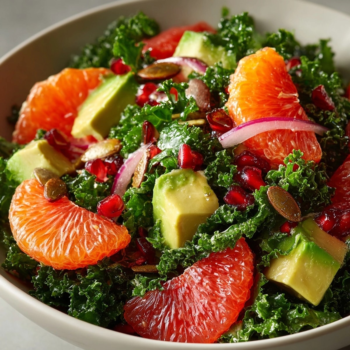 Winter Citrus Kale Salad with Pomegranate and Avocado bursting with color on a rustic plate