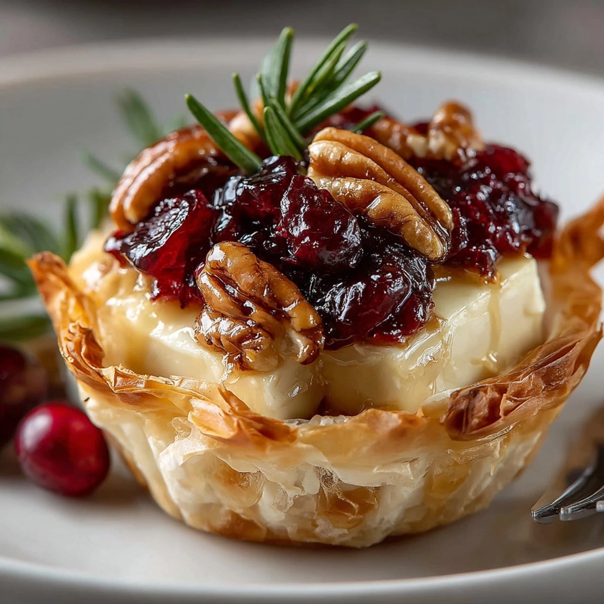 Cranberry Brie Phyllo Cups with golden, flaky pastry, melty cheese, and ruby cranberry topping.