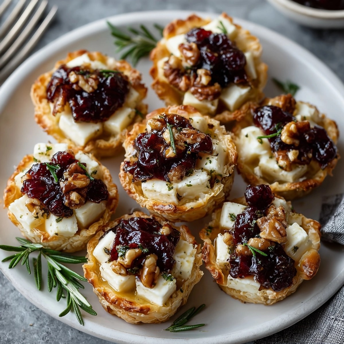 Holiday party ready Cranberry Brie Phyllo Cups filled with gooey Brie and sweet tart cranberry sauce.