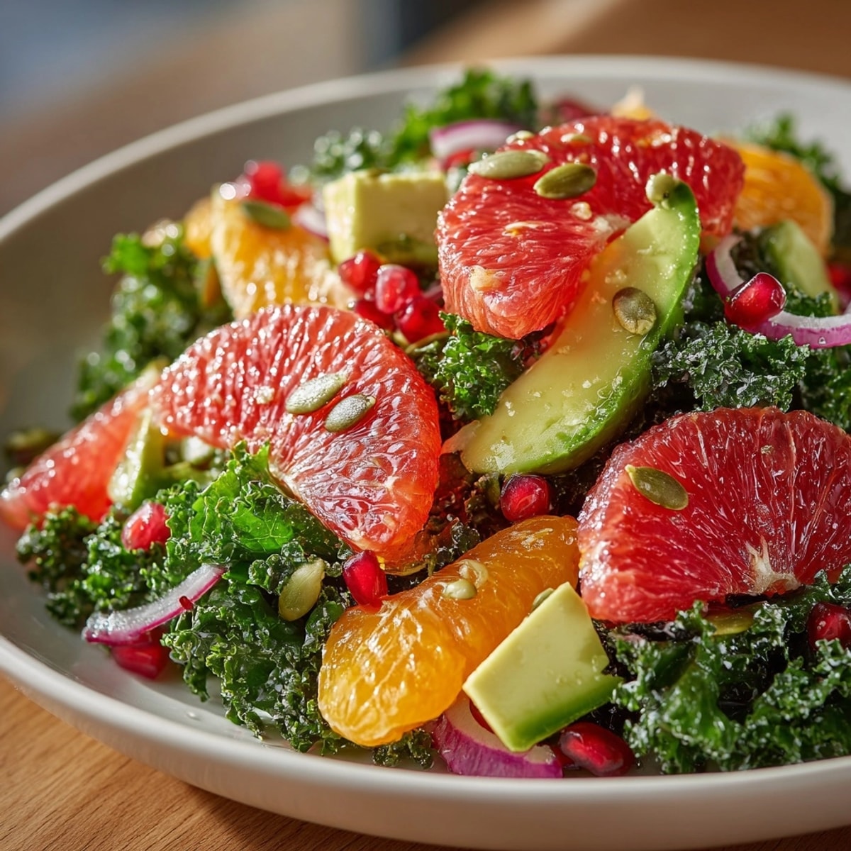Winter Citrus Kale Salad with Pomegranate and Avocado arranged on a platter, glistening with vinaigrette