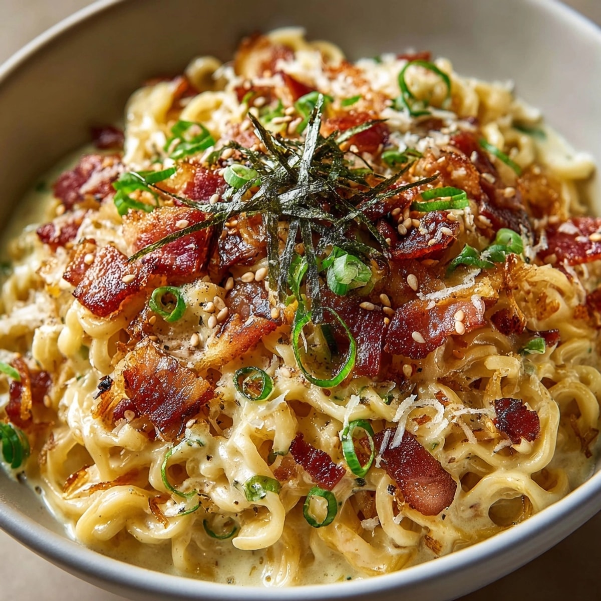 15-Minute Japanese-Inspired Ramen Carbonara Bowl served steaming hot with crispy bacon and scallions.