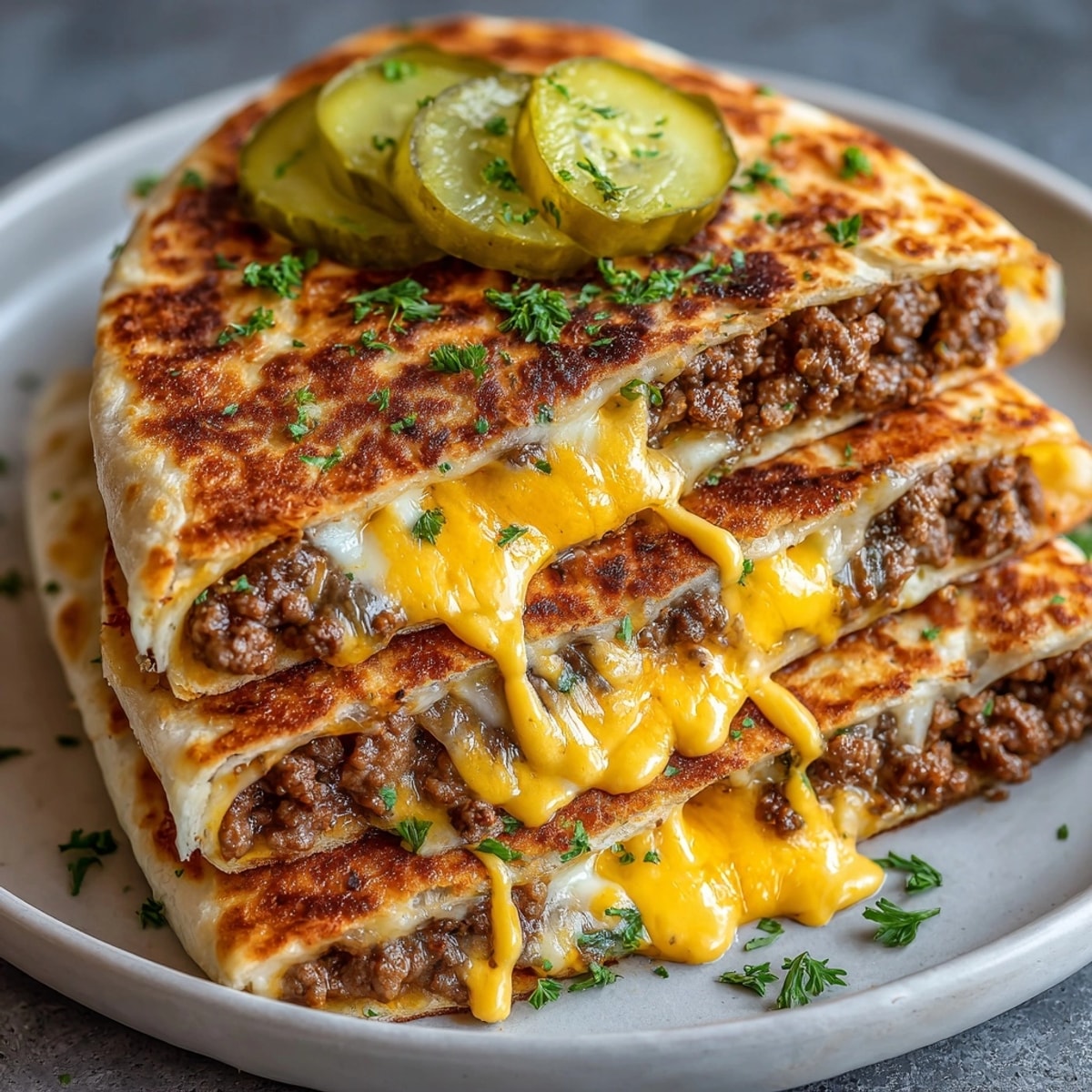 Melty Mashup Cheeseburger Quesadillas with Autumn Herbs sliced on a platter, cheese oozing and herbs glistening.