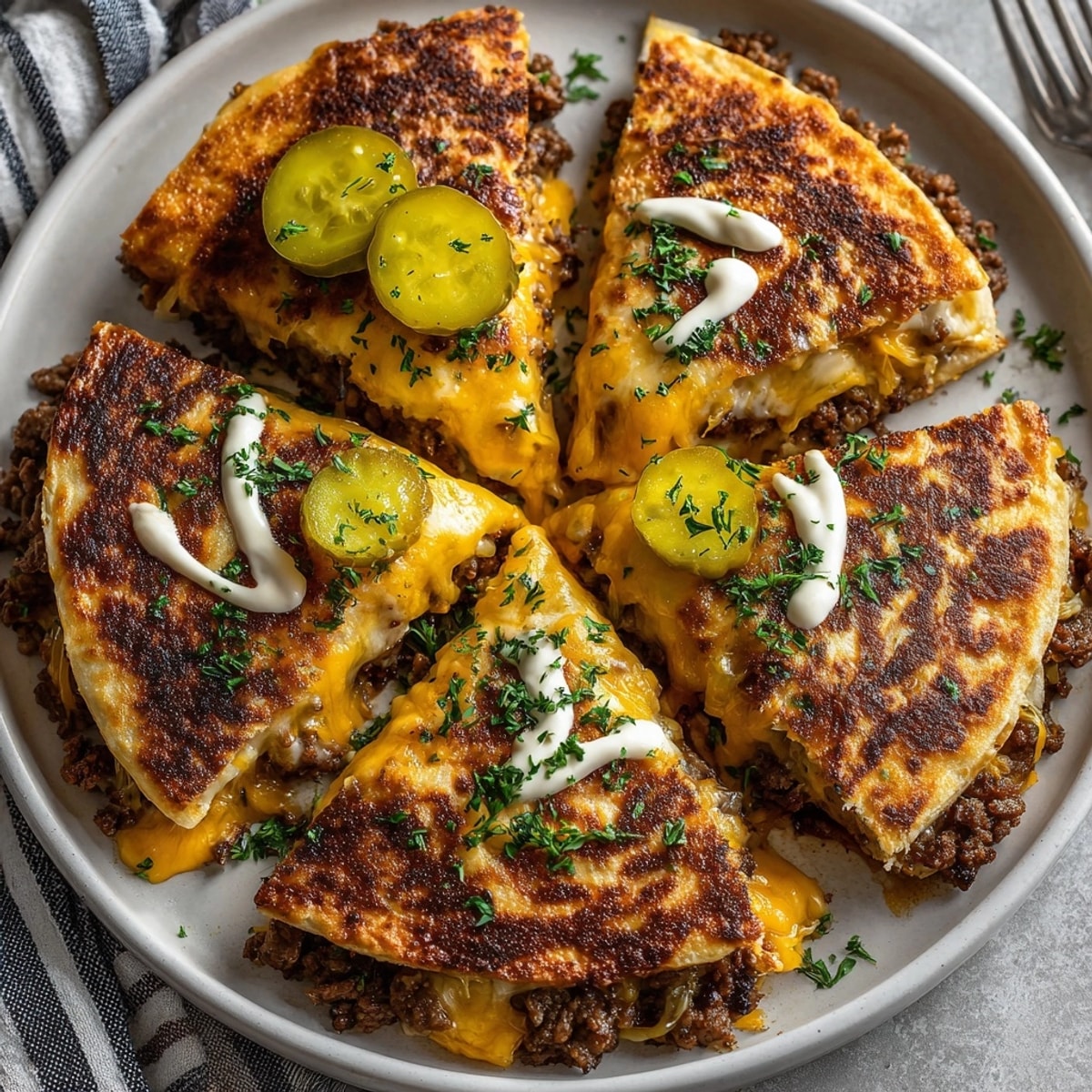 Closeup of crispy Melty Mashup Cheeseburger Quesadillas with Autumn Herbs, gooey cheese and fresh herb flecks visible.