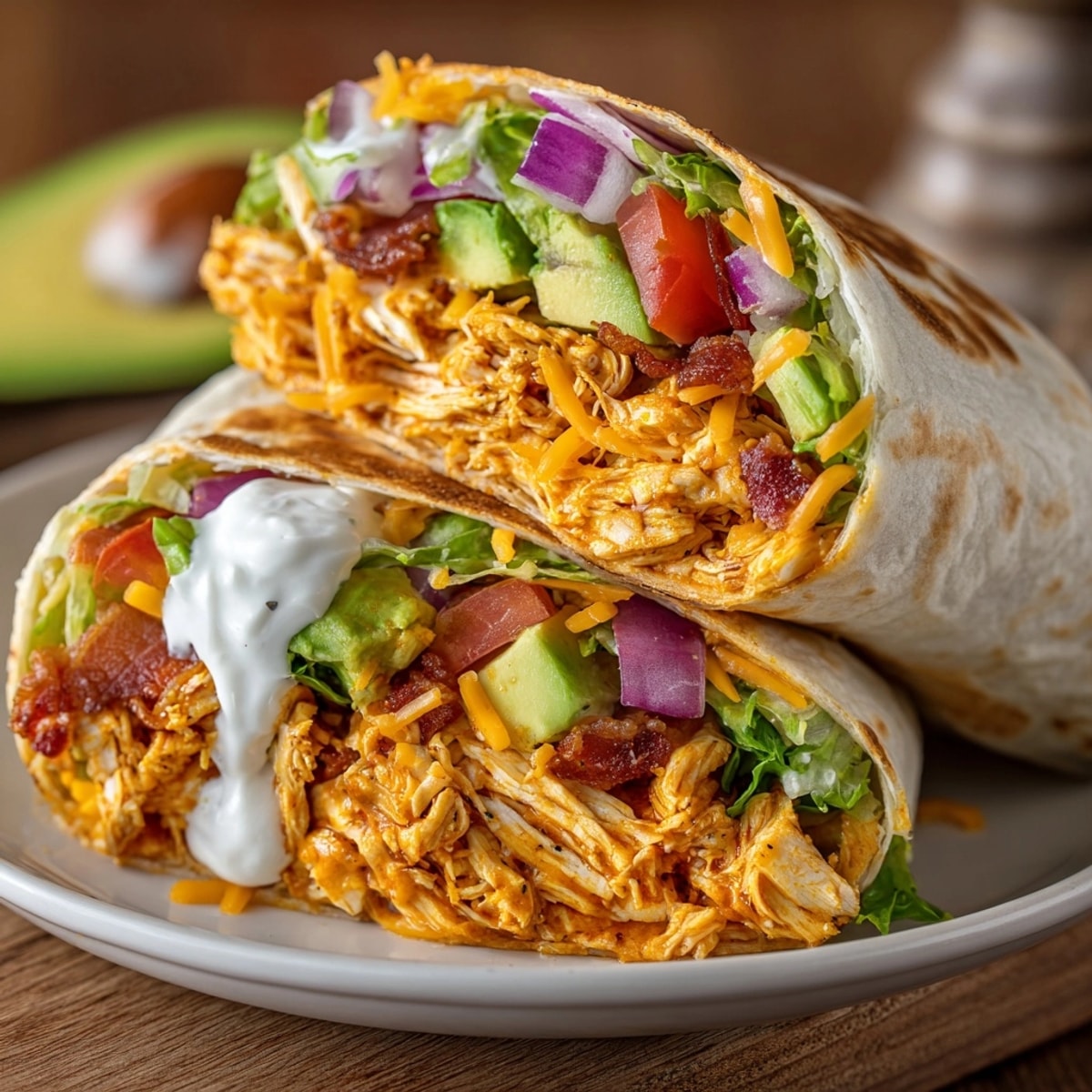 Buffalo Chicken Club Rollups sliced on a plate, showing creamy filling and fresh veggies.