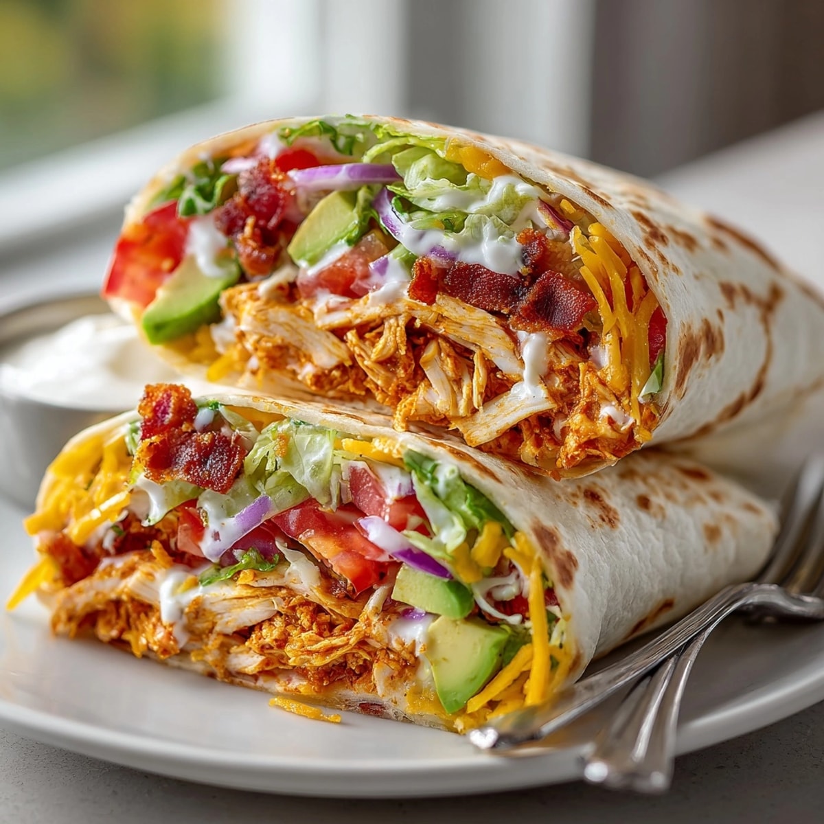 Bright Buffalo Chicken Club Rollups arranged for lunch, crisp lettuce and bacon peeking out.