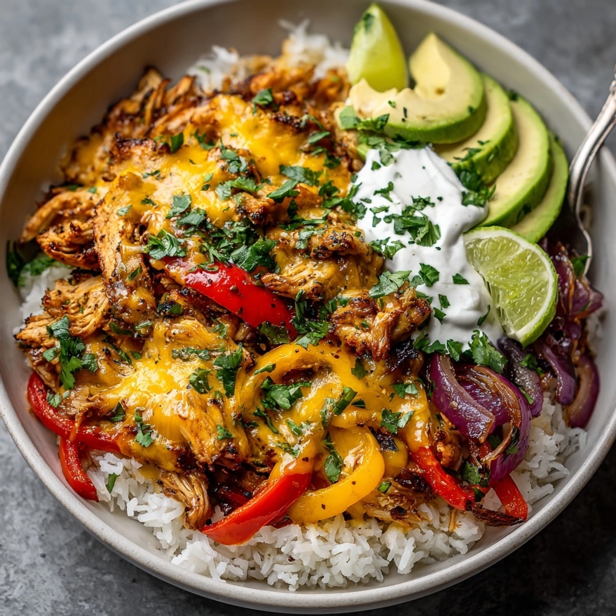 Sheet Pan Fajita Bowls filled with colorful peppers, juicy chicken, and melty cheese over rice.