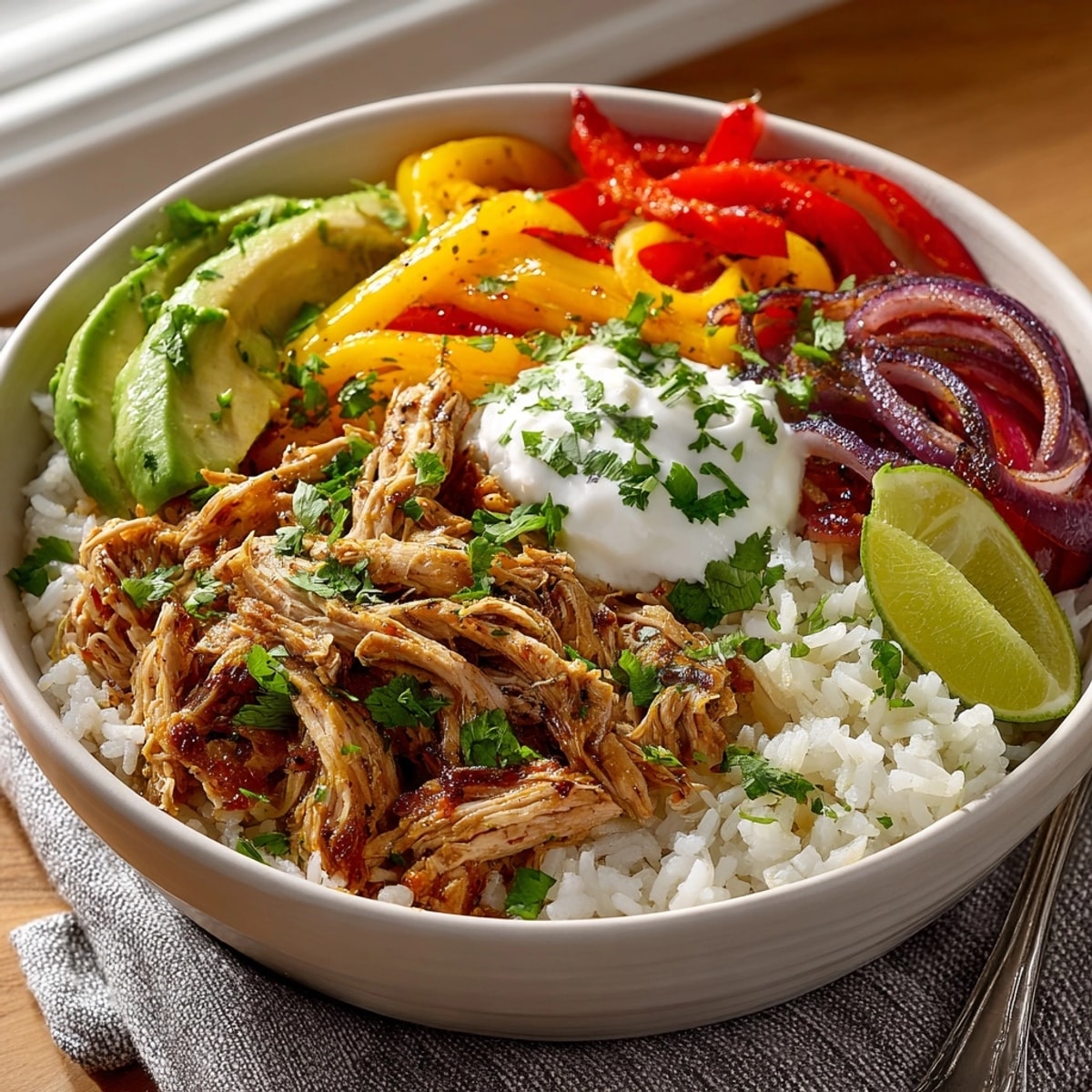 Sizzling Sheet Pan Fajita Bowls topped with creamy avocado, fresh cilantro, and zesty lime wedges.