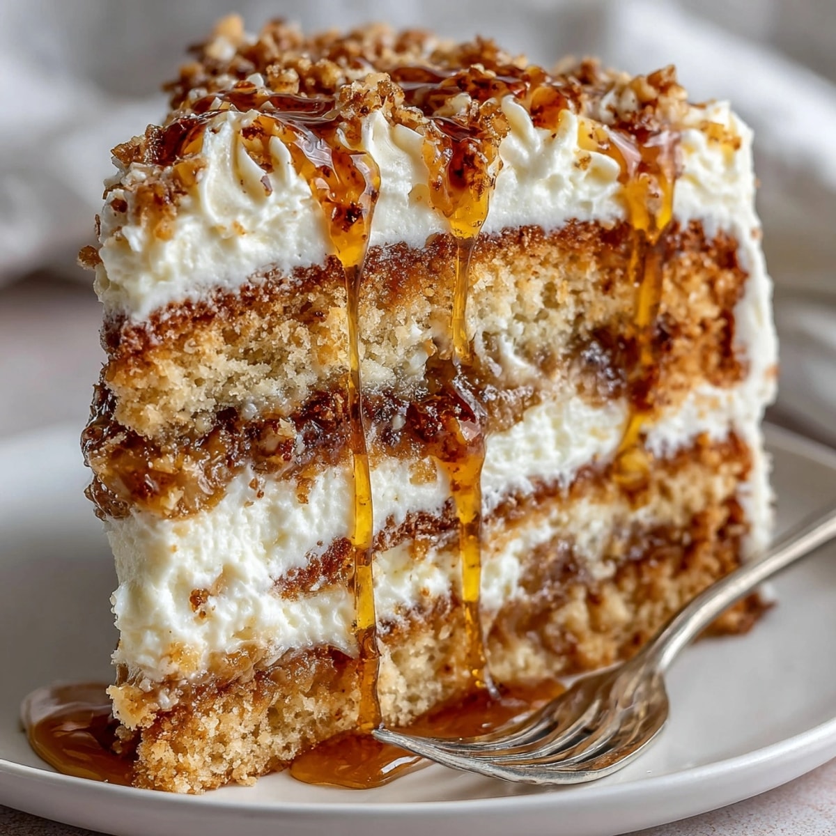 Hear Me Out Cake with Seasonal Twist sliced to reveal spiced apple layers and creamy maple frosting.