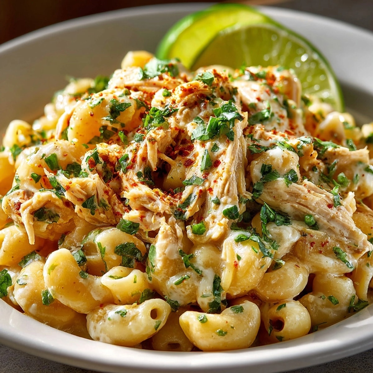 Bowl of one-pot creamy white chicken chili mac topped with fresh cilantro and lime.