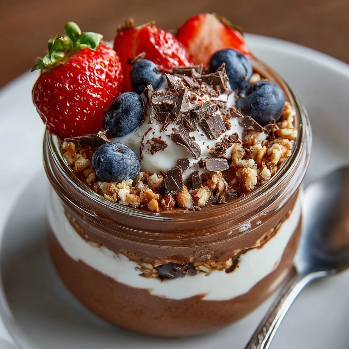 Layers of budget-friendly cottage cheese chocolate mousse parfait with creamy yogurt and fresh berries