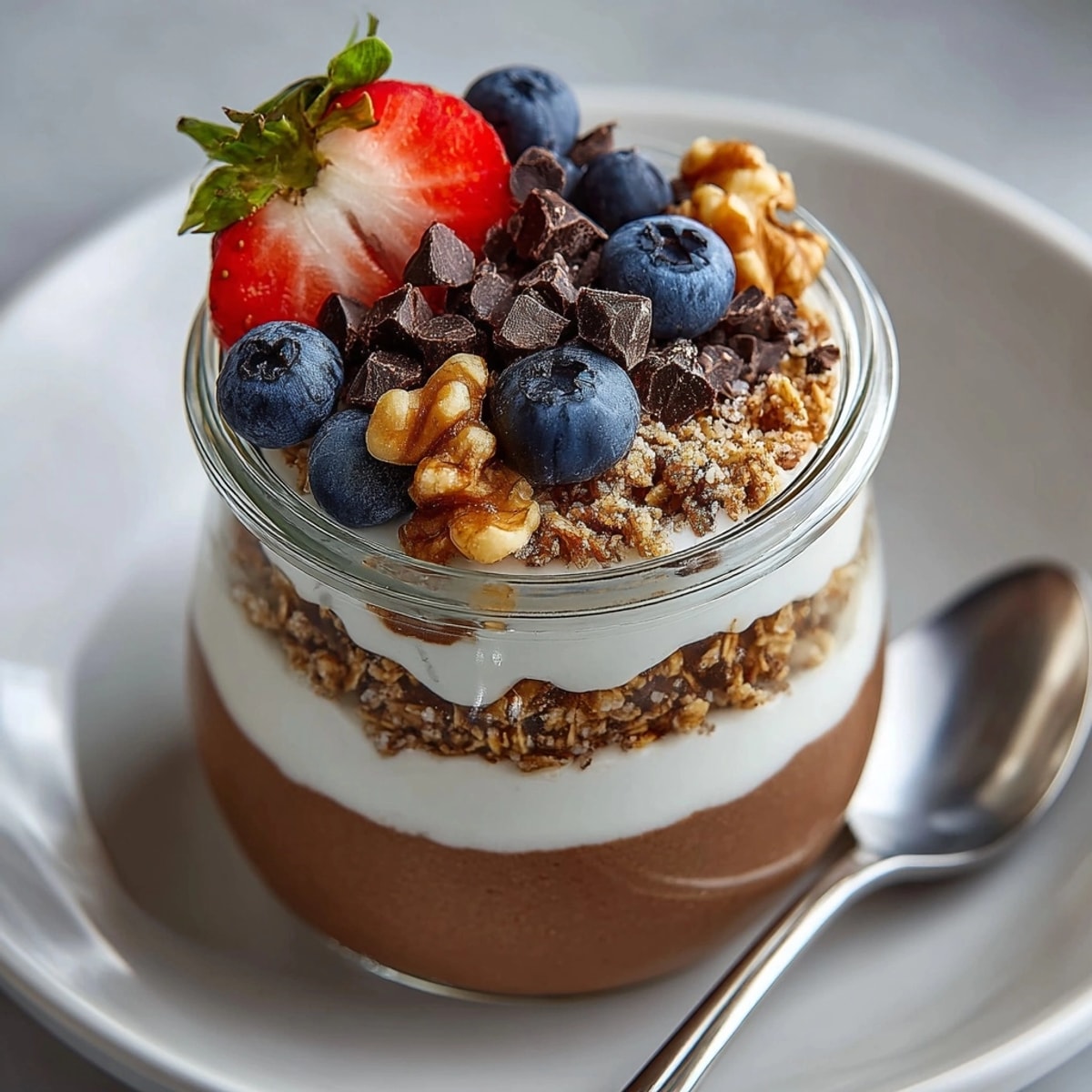 Creamy budget-friendly cottage cheese chocolate mousse parfait served in a glass, garnished with strawberries