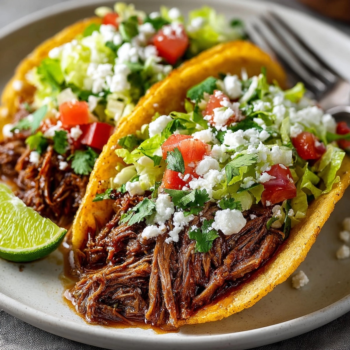 Slow Cooker Pot Roast Tacos filled with juicy shredded beef, topped with fresh cilantro and lime.