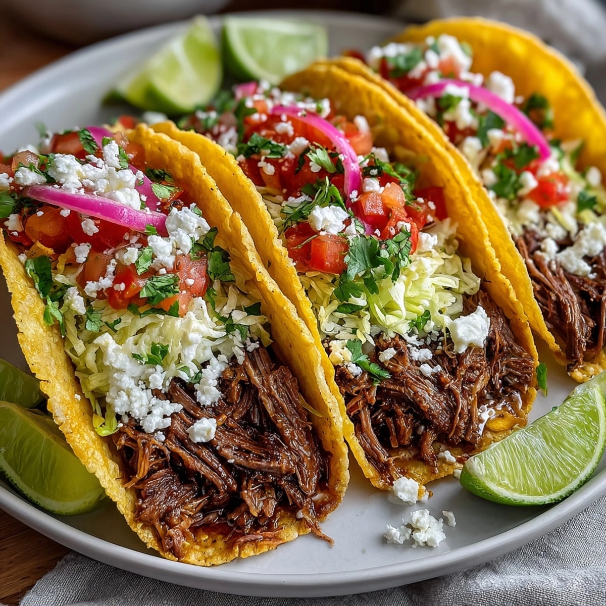 Warm tortillas brimming with slow cooker pot roast tacos, lettuce, tomatoes, and tangy pickled onions.