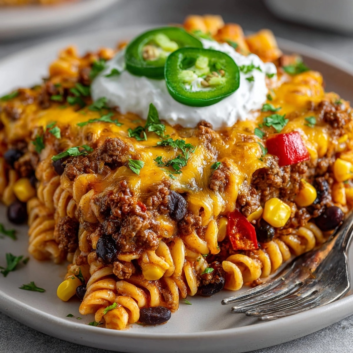 Hearty 20-Minute Taco Pasta Bake with melted cheese, beans, and colorful veggies, served hot in a skillet.