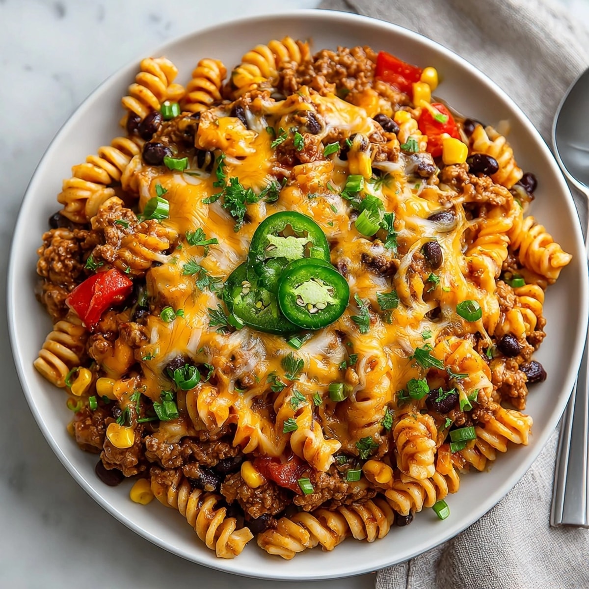 Family-sized 20-Minute Taco Pasta Bake featuring rotini pasta, ground beef, corn, and gooey cheddar cheese.