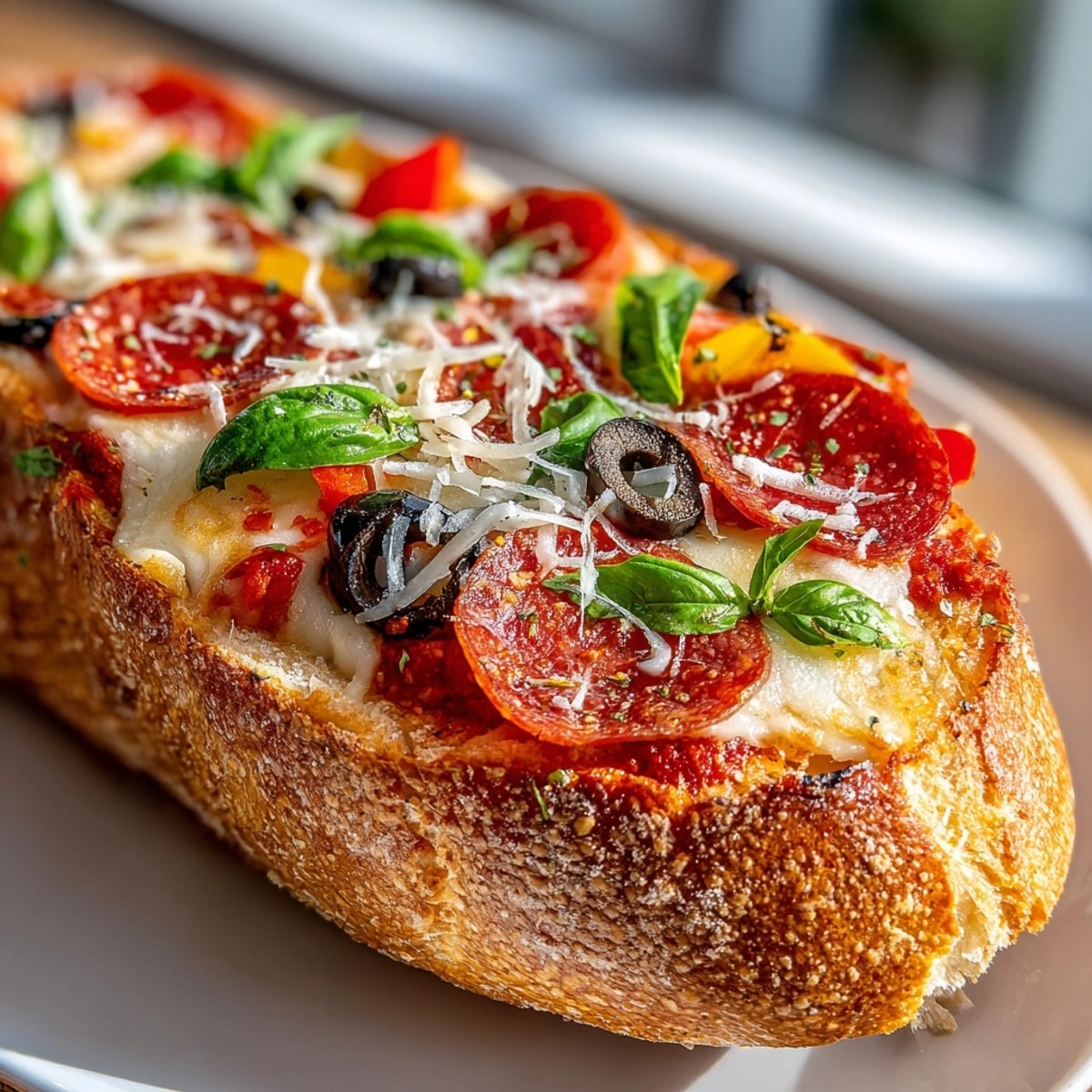 Loaded Pizza Bread Boats with bubbling cheese and colorful toppings on toasted baguette halves, ready to serve