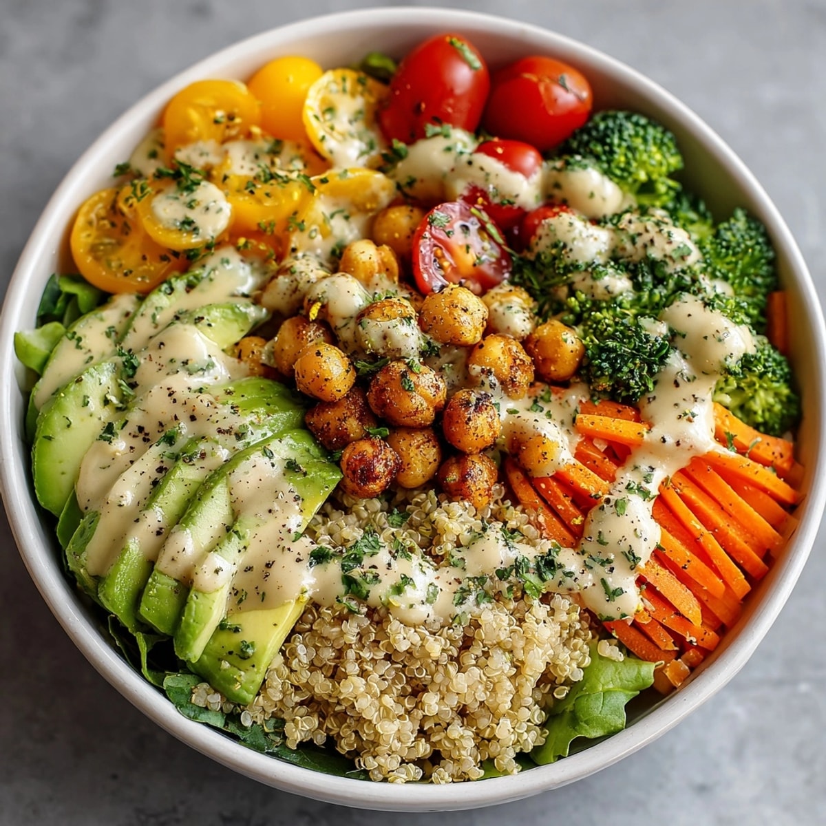 Fresh & Healthy Buddha Bowl with Pistachio Butter Drizzle arranged with colorful veggies and creamy sauce