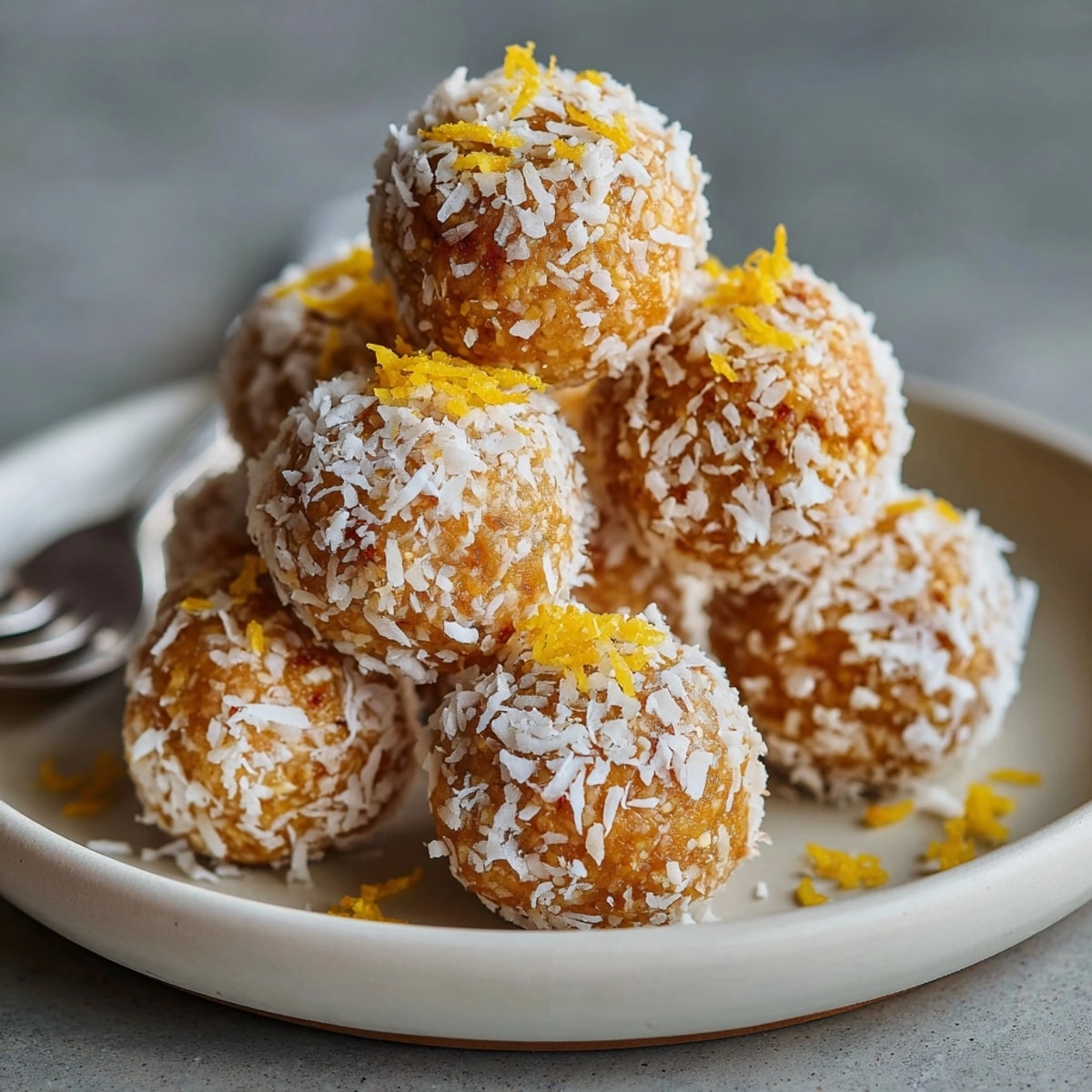 Sweet Bites Bliss no-bake limoncello energy balls on a parchment tray, dusted with coconut flakes.