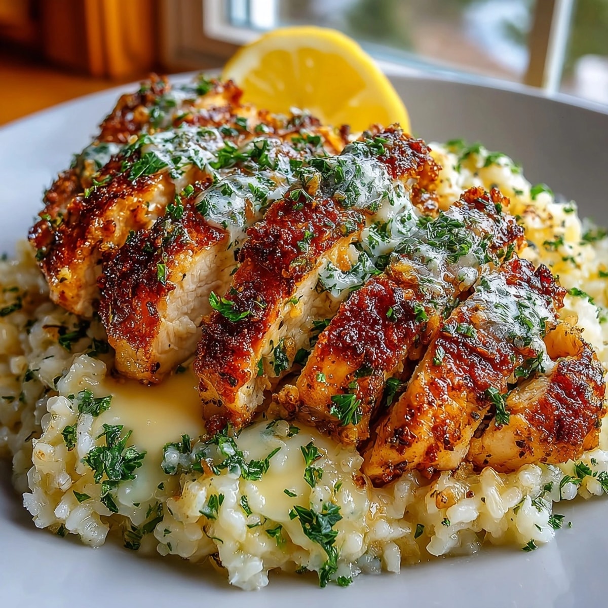 One-Pan Garlic Parmesan Chicken & Rice served warm in a skillet with creamy, golden-topped rice.