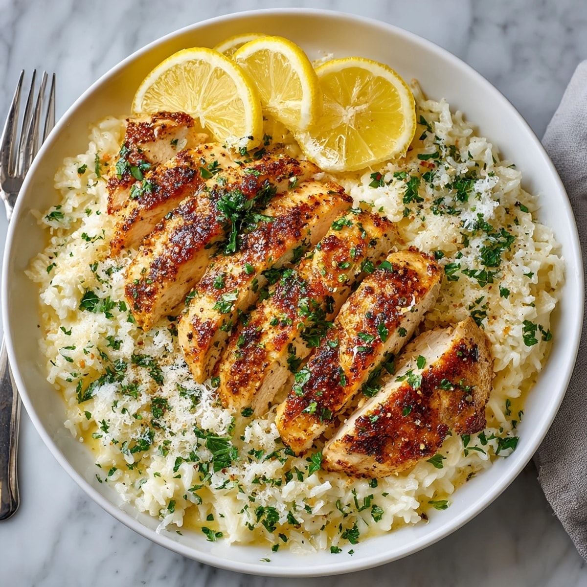 Closeup of one-pan garlic parmesan chicken &amp; rice steaming hot with buttery sauce and fresh lemon wedges.