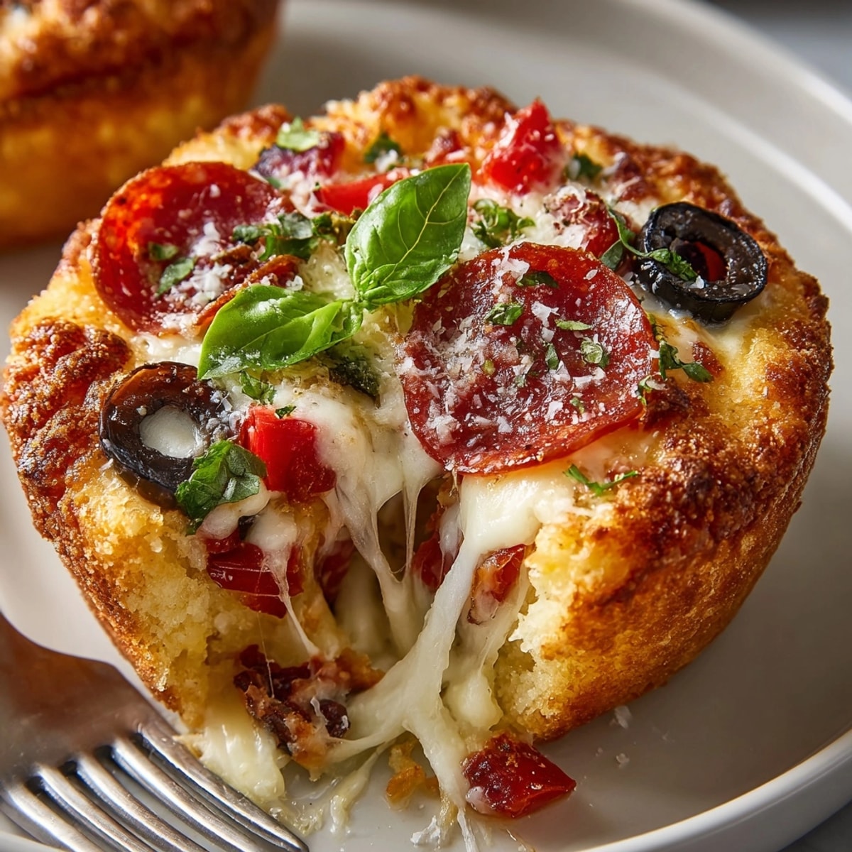 Melty Mashup Pizza Pot Pie Cups overflowing with gooey cheese and bubbling pizza sauce in golden biscuit shells