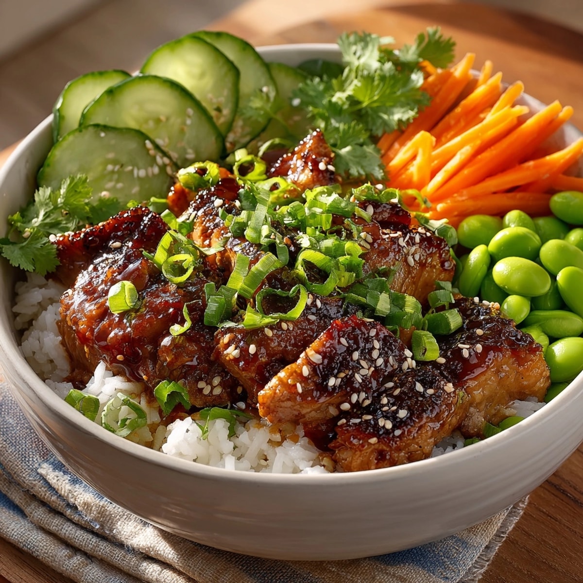 Asian Fusion Quick Lunch: Teriyaki Chicken Rice Bowls served hot with steaming rice and colorful fresh vegetables.