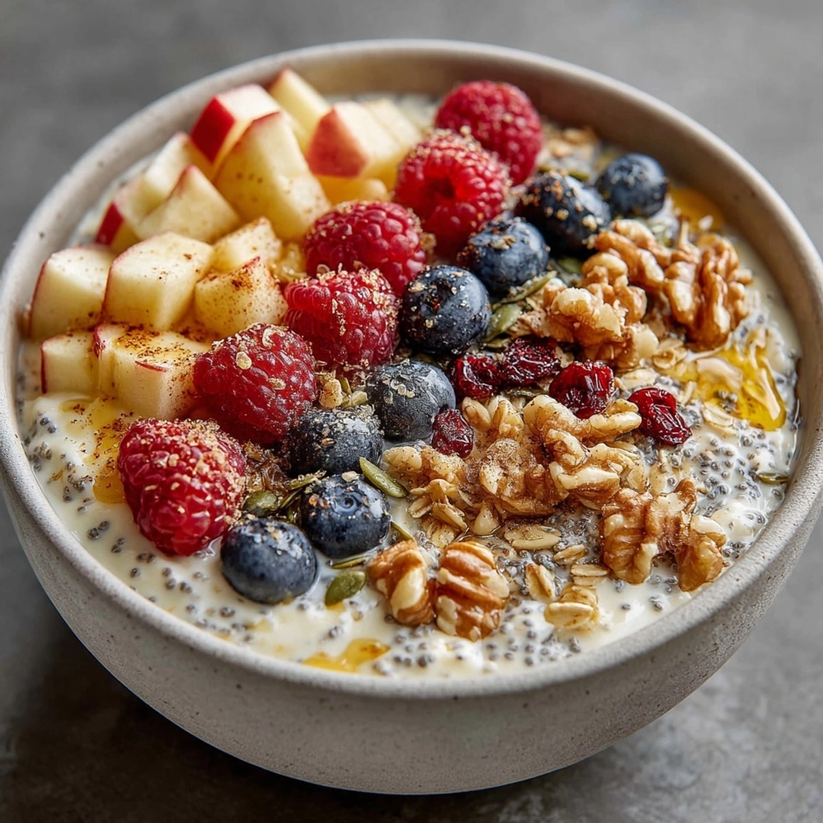 Fresh & Healthy Apple Cinnamon Breakfast Bowls topped with crisp apples, berries, and golden honey drizzle.