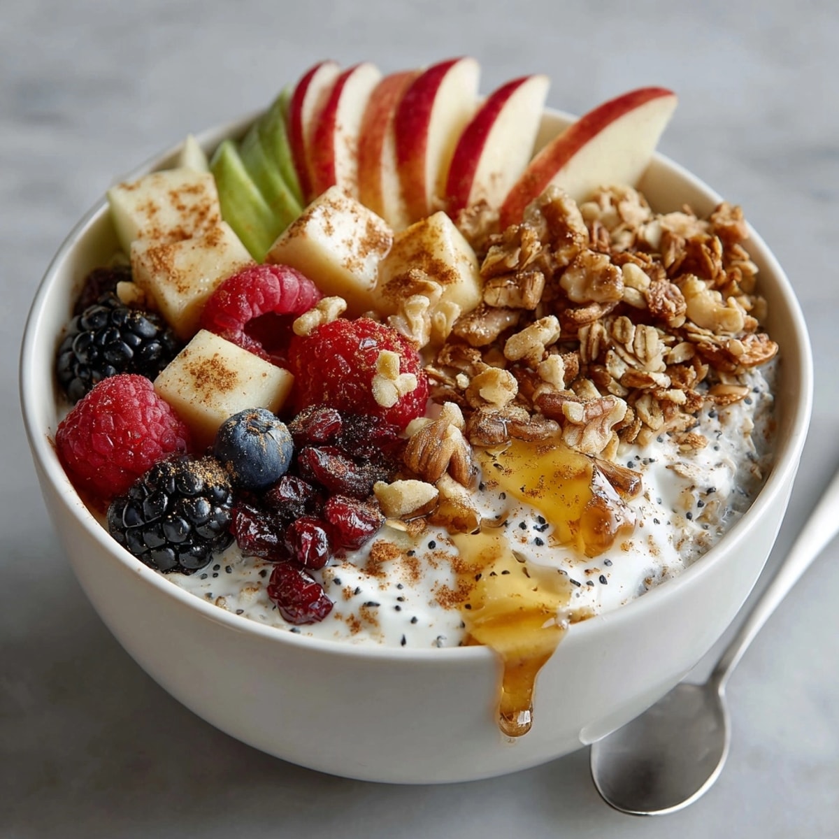 Greek yogurt-based Fresh &amp; Healthy Apple Cinnamon Breakfast Bowls served with walnuts and a sprinkle of cinnamon.