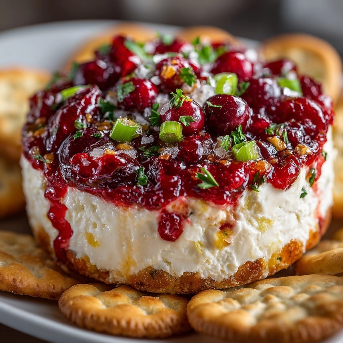 Party Perfect: Cranberry Jalapeño Cream Cheese Dip topped with vibrant cranberries, ready for entertaining.