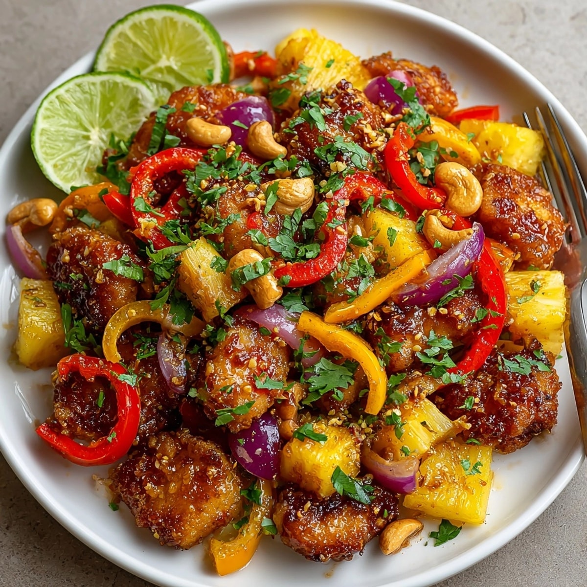 Golden, glistening Tropical Winter Escape Pineapple Chicken sizzling in a skillet, ready to serve.