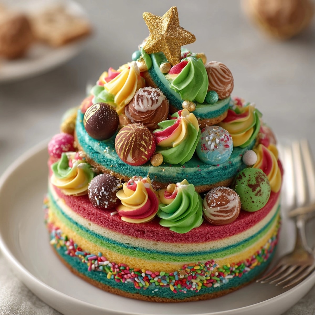 Chaos Cake Christmas Tree Swirls, a festive cake stacked high with rainbow buttercream swirls.