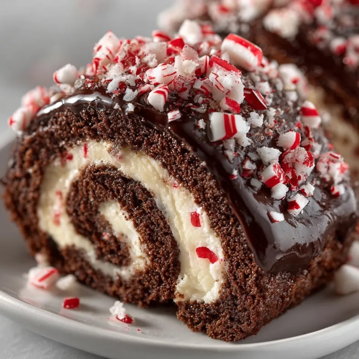 A beautifully frosted Peppermint Crunch Yule Log Cake, perfect for a festive holiday dessert.