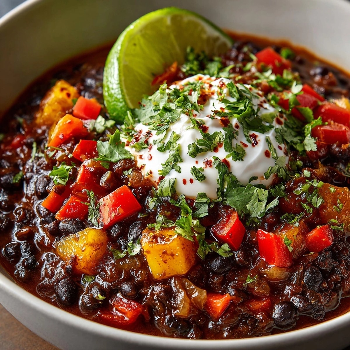 A bowl of Smoky Pumpkin Black Bean Chili, garnished with cilantro and a lime wedge.