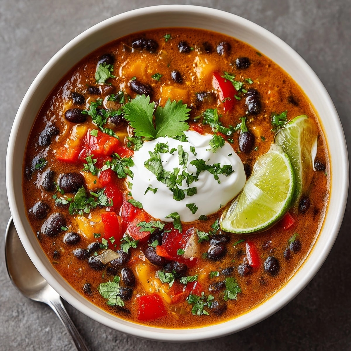 Bright orange Smoky Pumpkin Black Bean Chili with creamy sour cream, ready to savor.
