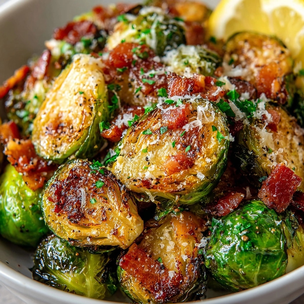 Maple Bacon Brussels Sprouts, shiny and delicious, arranged on a rustic serving platter.