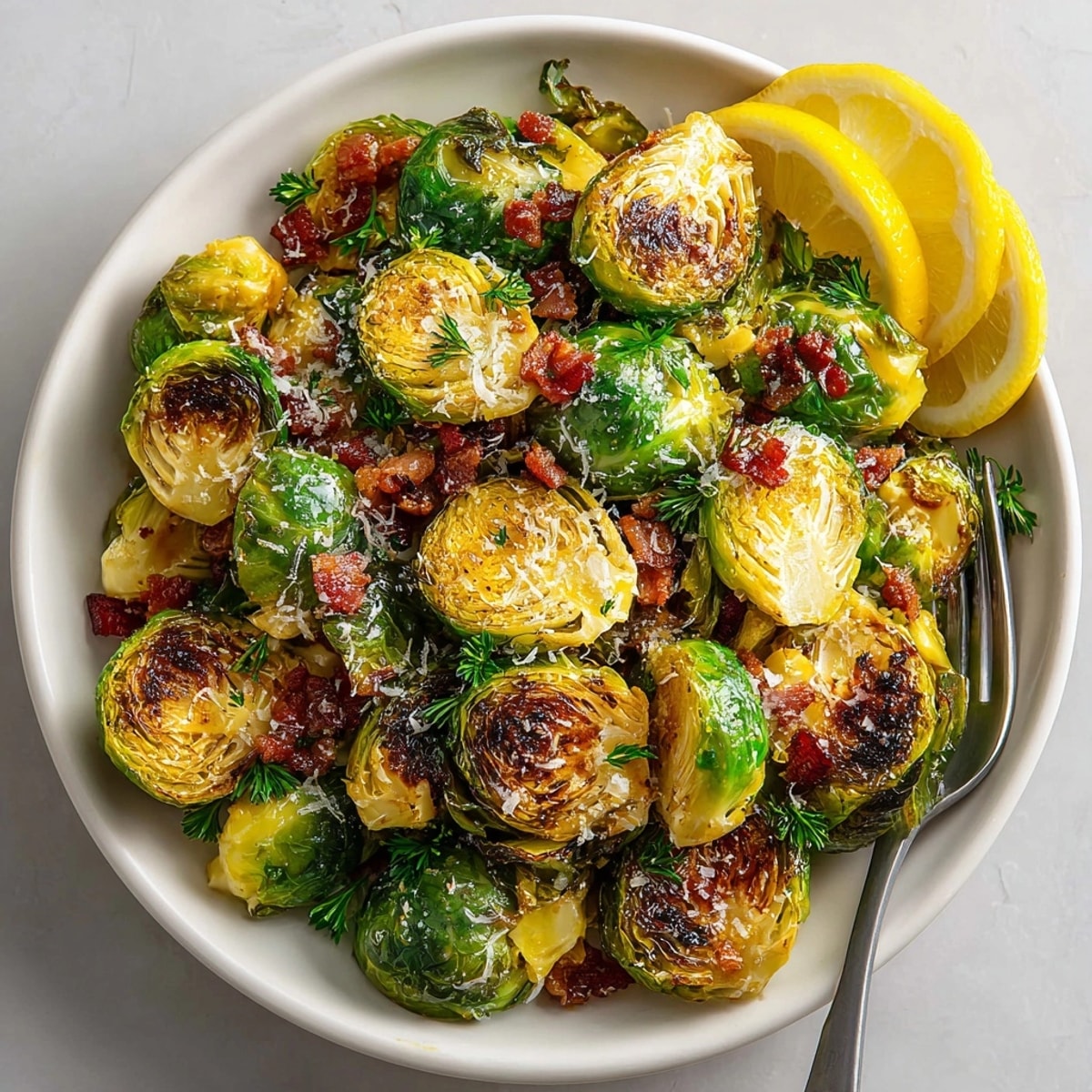 Roasted Maple Bacon Brussels Sprouts, perfectly caramelized, offering a sweet and savory dish.